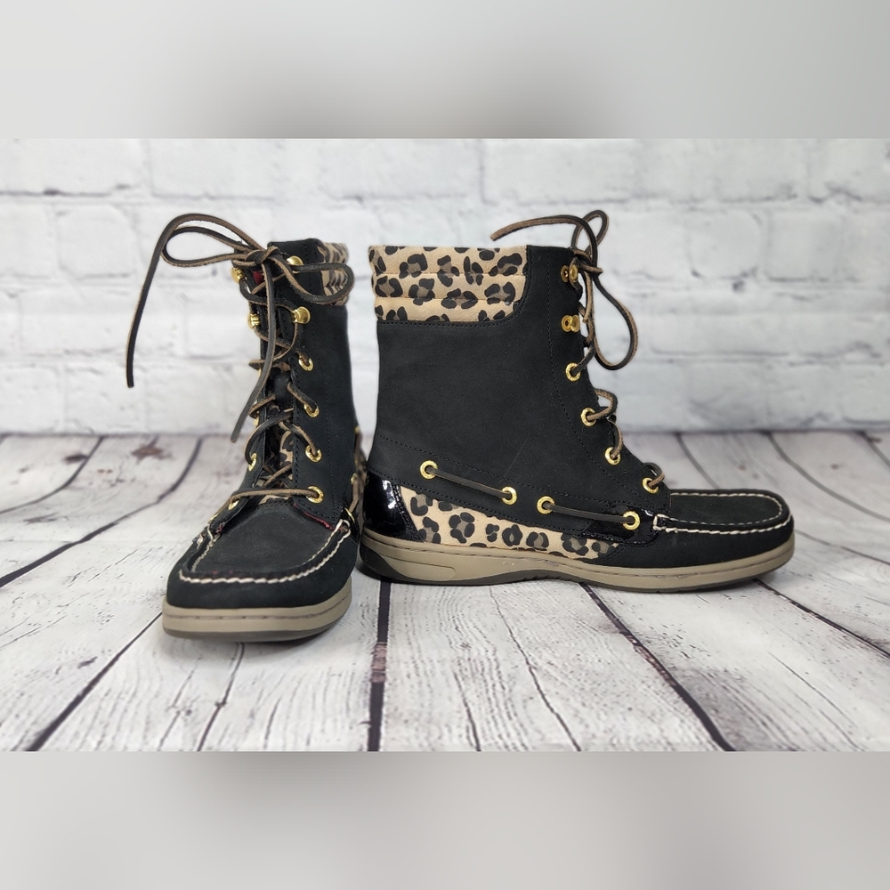Sperry Top Sider Black Leather and Cheetah Print Lace Up Boots
